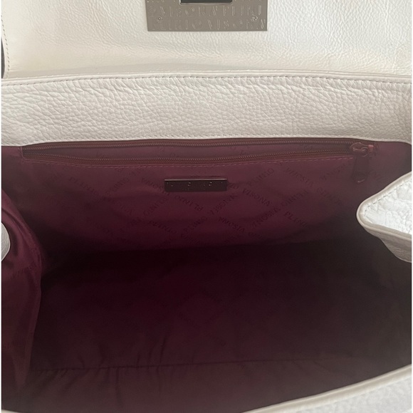 Plinio Visona Handbag. All White Italian Leather Bag with Brown Leather Trim. - Picture 12 of 13